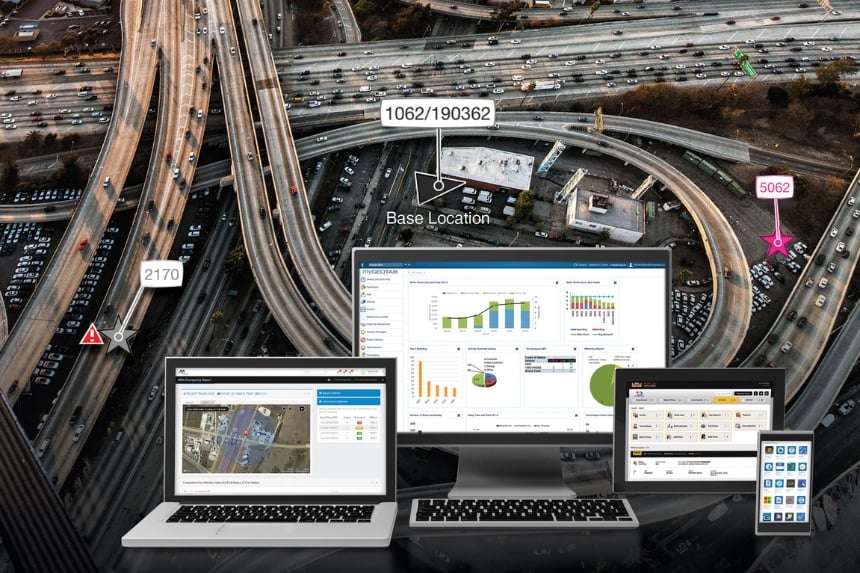 Computers, tablet and cell phone showing Telematics dashboard